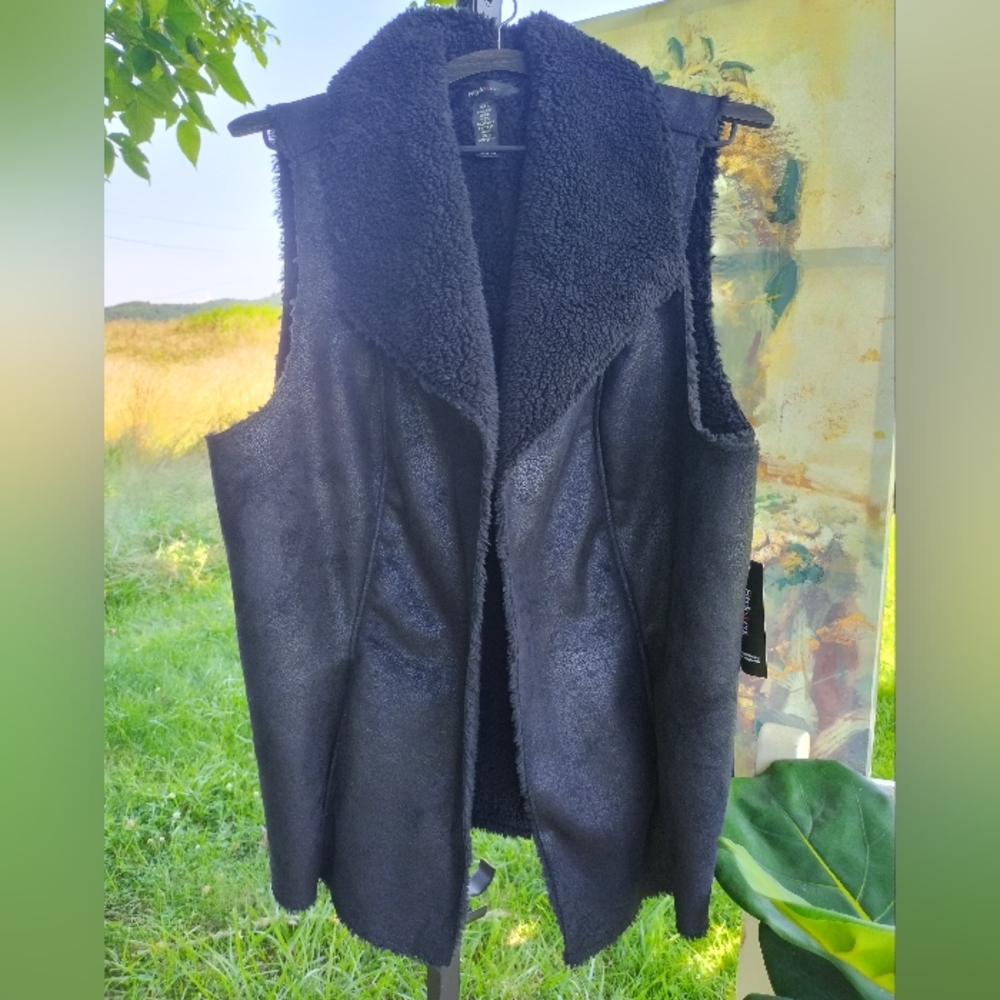Style & Co Festive Shine Faux Leather And Shearling Black Vest NWT Sz XXL